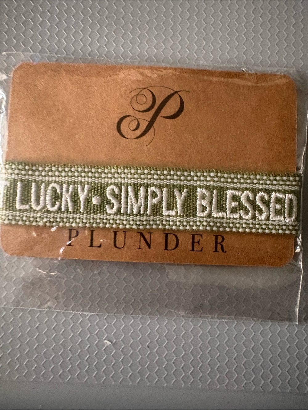 Plunder Olive Green 'Lucky · Simply Blessed' Woven Hair Tie